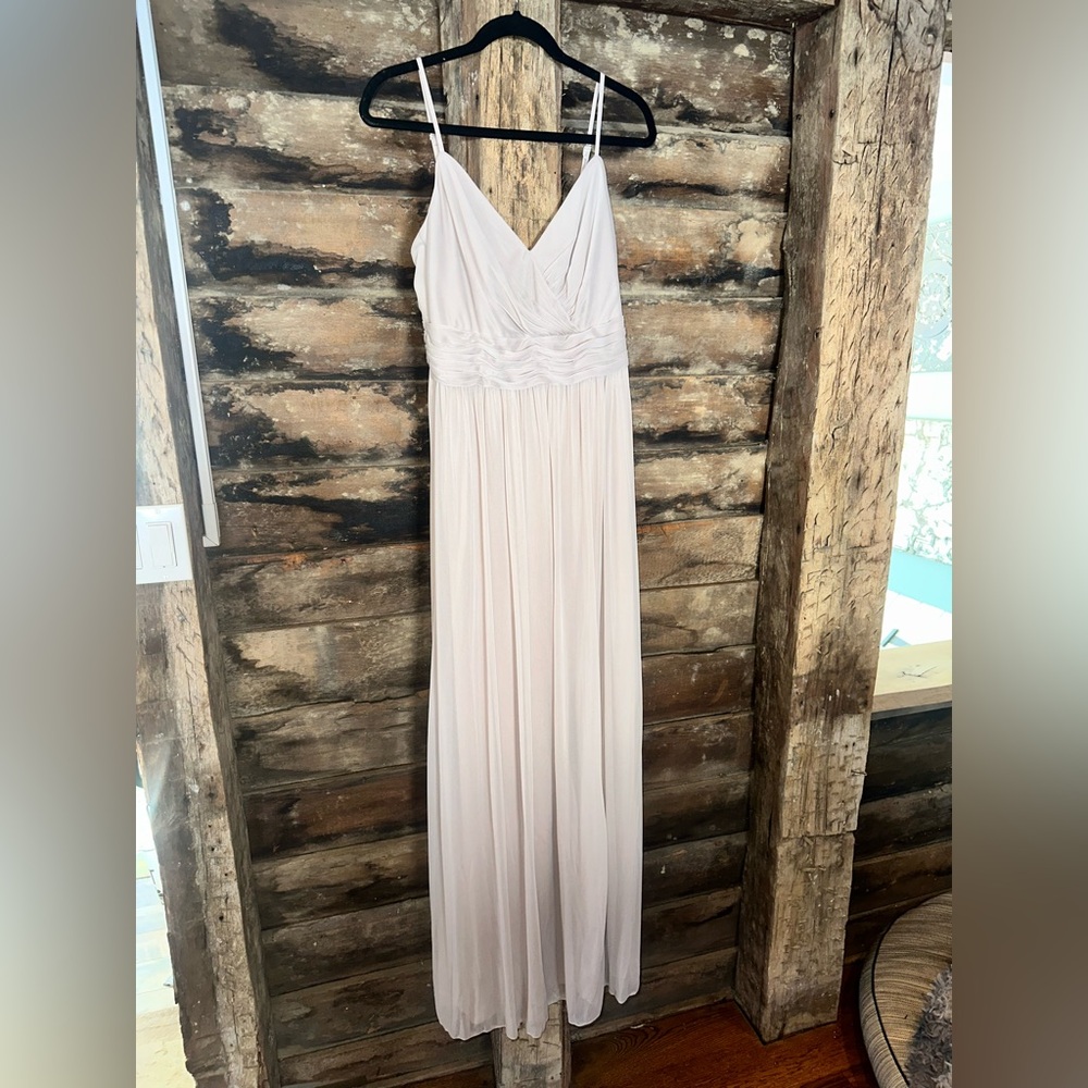 David's Bridal Long Mesh V Neck Spa Biscotti